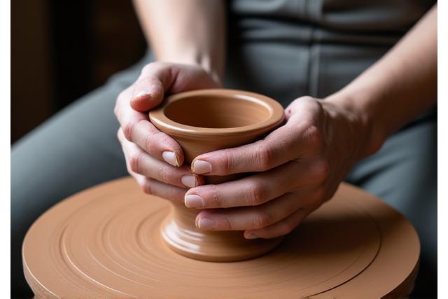 Ceramic artist shaping clay on a pottery wheel, focus on hands and spinning clay.