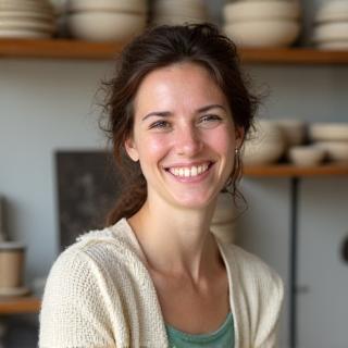 Portrait of Elara Smith, a ceramic artist, smiling in her studio.