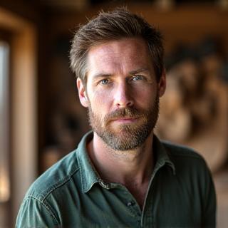 Portrait of Finn O'Connor, a woodworker, with sculpted wooden furniture in the background.