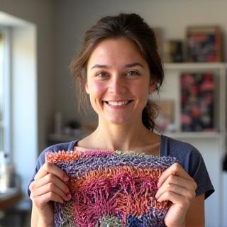 Portrait of Sage Monroe, a textile artist, holding a hand-woven tapestry.