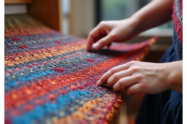 Textile artist weaving on a loom, vibrant threads and intricate patterns emerging.