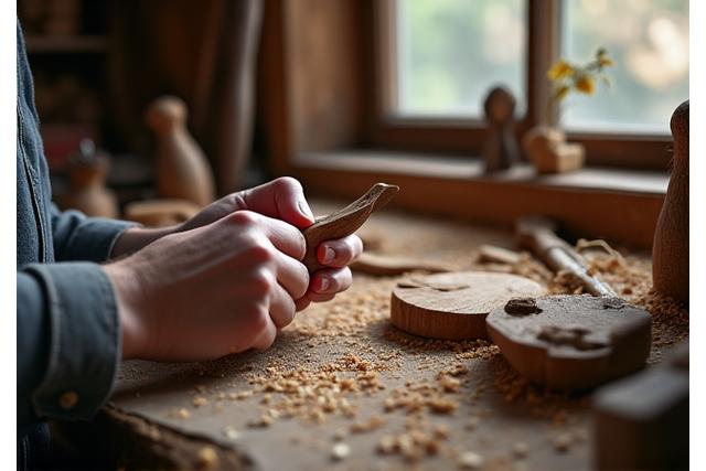Woodworker carving a spoon in a rustic studio, with tools and wood shavings around.