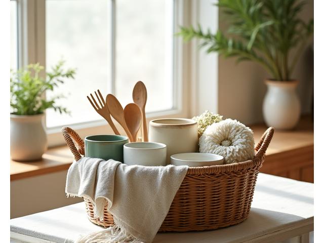 Basket overflowing with artisanal home goods in a sunlit room, symbolizing abundance and a mindful home.
