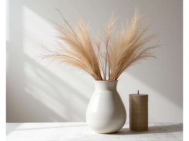An aesthetically pleasing artisanal vase with dried flowers in a minimalist setting, showcasing decorative items