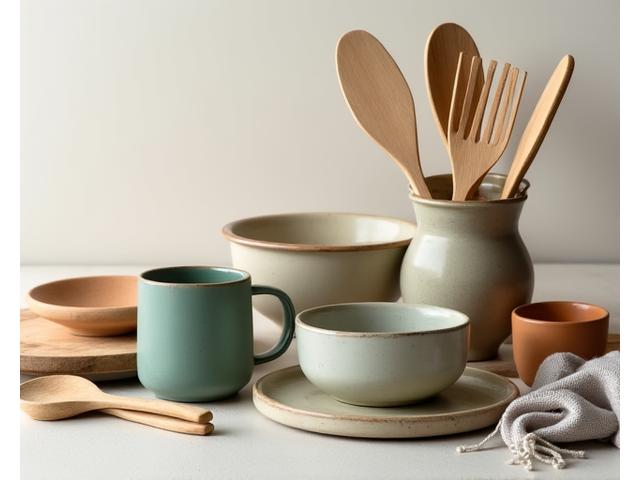 A collection of handmade ceramic bowls and wooden utensils, representing bespoke kitchenware