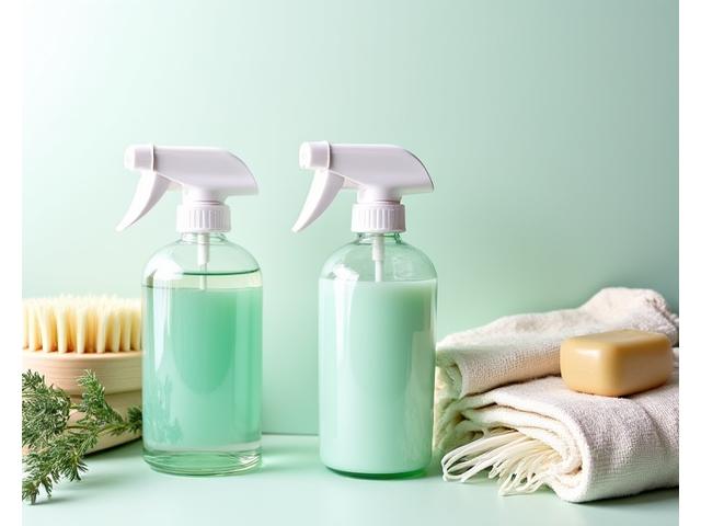 Eco-friendly cleaning supplies and reusable bags arranged neatly, promoting sustainable living products