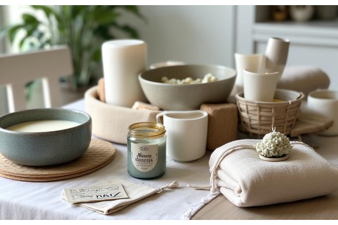 Beautifully wrapped gifts and home items on a table