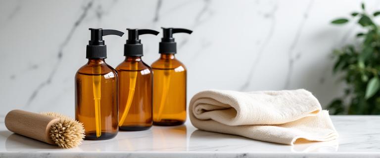 Eco-friendly cleaning products including amber glass spray bottles, natural bristle brushes, and linen cleaning cloths, on a marble counter.