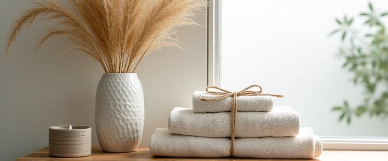 A elegantly arranged collection of home essentials, including a ceramic vase, a stack of linen towels, and a minimalist candle on a light wooden surface.